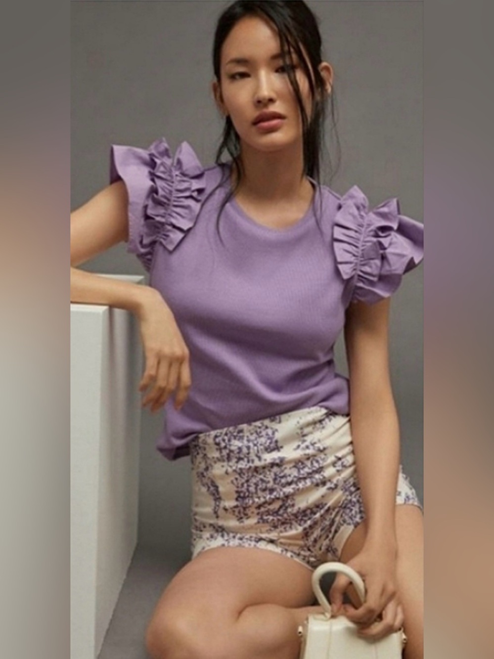 Anthropologie Purple Ruffle Ribbed Blouse, Size XXS